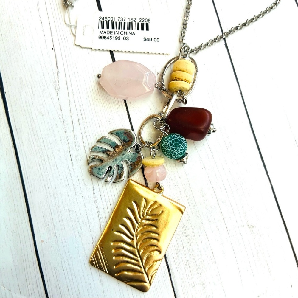 NEW NWT J. Jill Gold Silver Leaf Fossil Charm Pendant Long Necklace $49 Tag - Picture 2 of 4